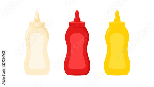 Quadro su tela Three colorful condiment squeeze bottles isolated on white