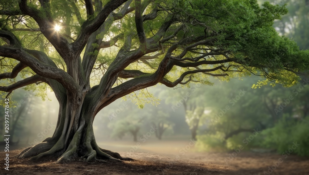 Fototapeta premium Majestic Tree with Winding Branches in a Misty Forest Setting