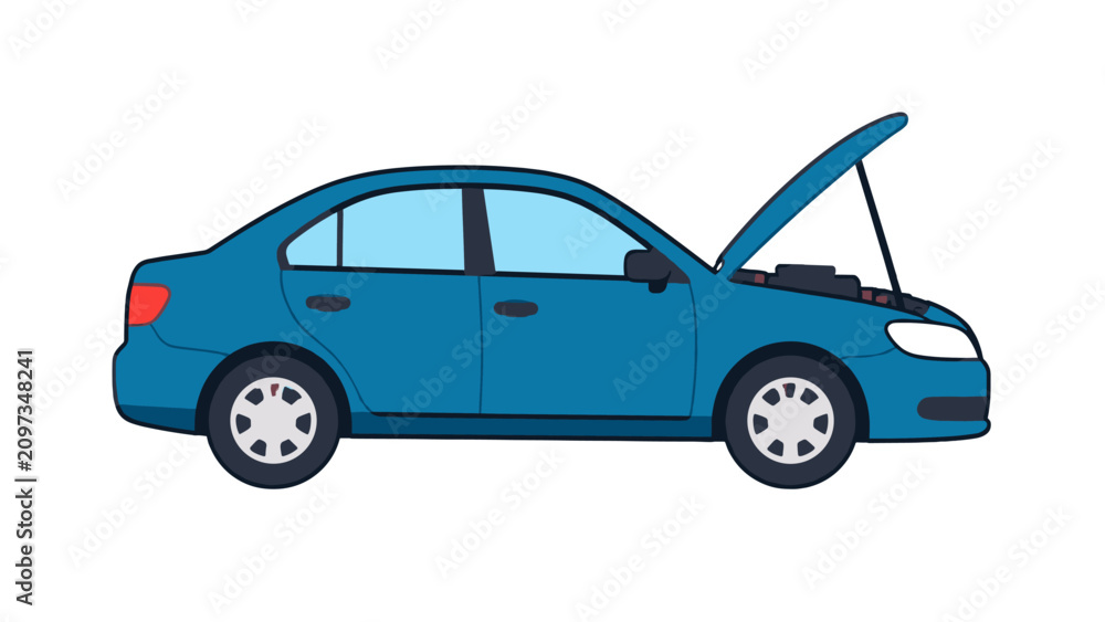 Fototapeta premium Blue sedan car with open hood in side view vector illustration