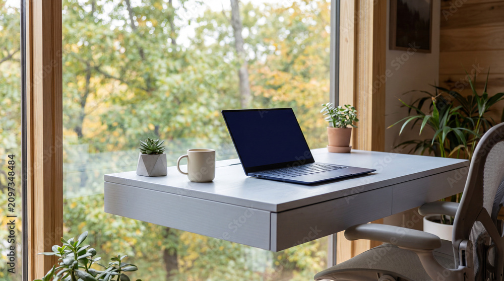 Fototapeta premium Modern Home Office Workspace with Forest View
