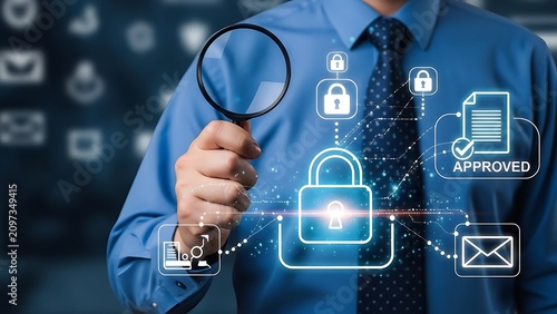 Person in blue shirt holding a magnifying glass over a digital interface with glowing padlock, document, and email security