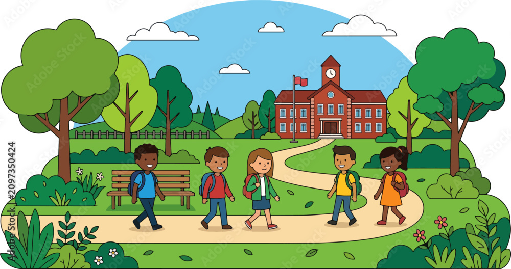 Fototapeta premium School bus transport cartoon illustration showing happy children boarding vehicle on sunny day at neighborhood bus stop area.