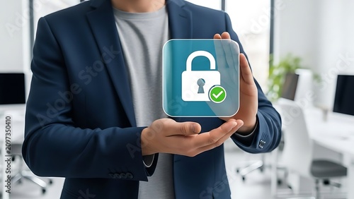 A person in a navy blue suit jacket and grey t-shirt holding a glowing, translucent square featuring a white padlock and green checkmark