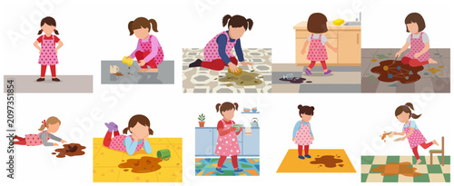 Fotografie Cute little girl character set making mess and cleaning up liquid spills on the