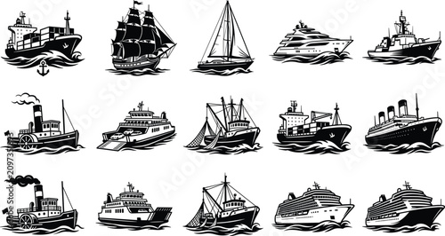 Canvastavla Vintage nautical ship stencil icons collection set featuring maritime vessels ca