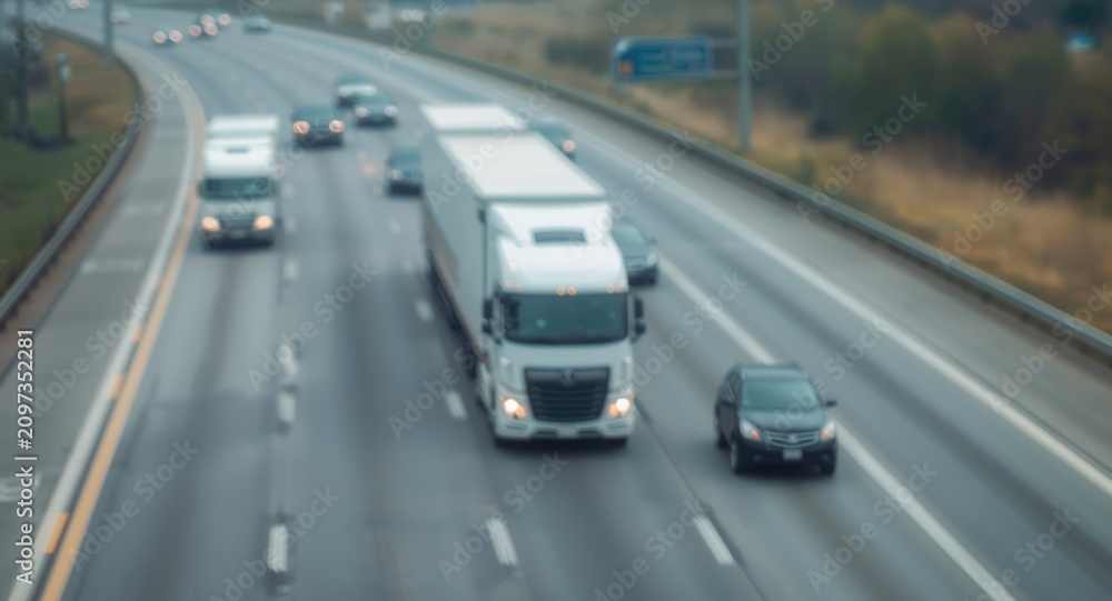 Fototapeta premium Blurred Trucks and Cars on Highway - Foggy Day, Wide Shot, Motion Effect