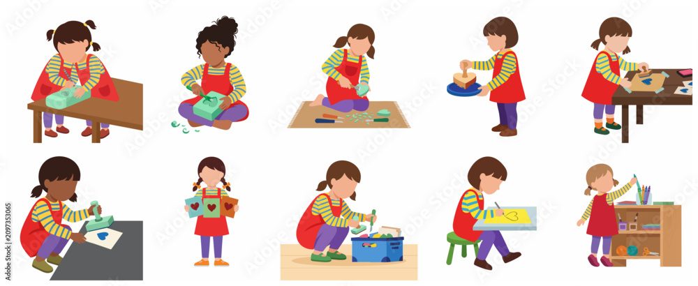Fototapeta premium Diverse set of young girls engaged in creative arts and crafts activities including carving, stamping, and drawing vector illustration