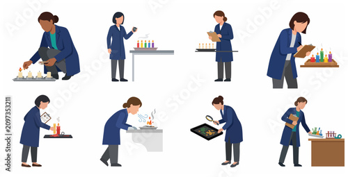 Set of female scientists conducting laboratory experiments and quality control testing on candles.