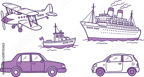 Slika na platnu Vintage transportation set with biplane steamship ocean liner boat sedan and hat