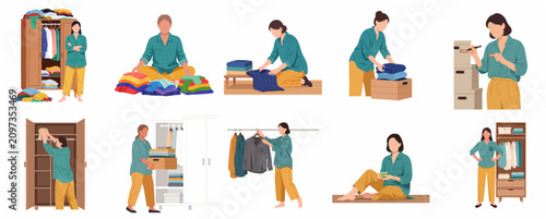 Flat vector illustration of a woman organizing her wardrobe, folding clothes, and decluttering her home.