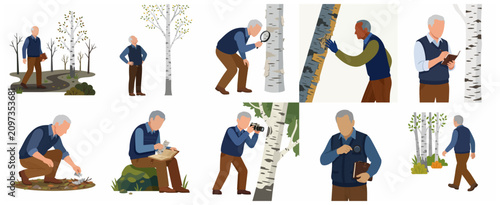 Canvastavla Set of illustrations of a senior male botanist researching birch trees, studying bark with a magnifying glass, taking photos, and documenting nature in the forest