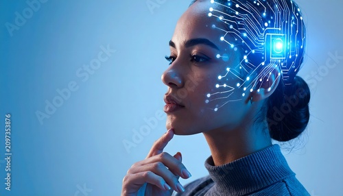 Mujer de perfil con interfaz digital luminosa en la cabeza en concepto de inteligencia artificial y tecnología