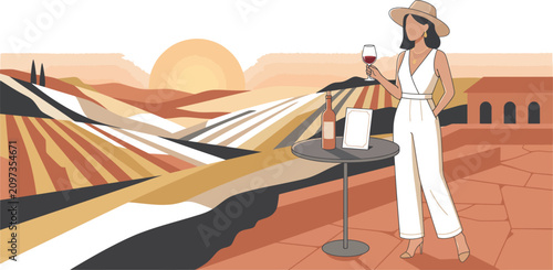 Stylish woman in a white jumpsuit holding a wine glass on a scenic terrace at a vineyard sunset