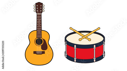 Foto Acoustic string instrument and snare drum vector illustration