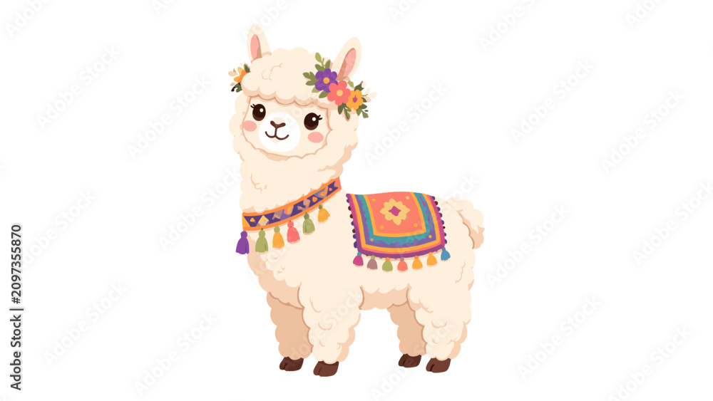 Fototapeta premium Cute alpaca with floral wreath and colorful decorative blanket