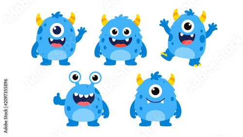 Set of cute blue cartoon monster characters in different poses