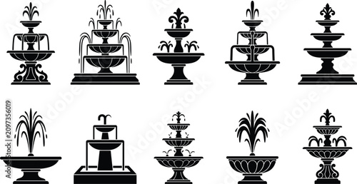 Tableau sur toile Water fountain silhouettes set with various tier designs for garden park landsca