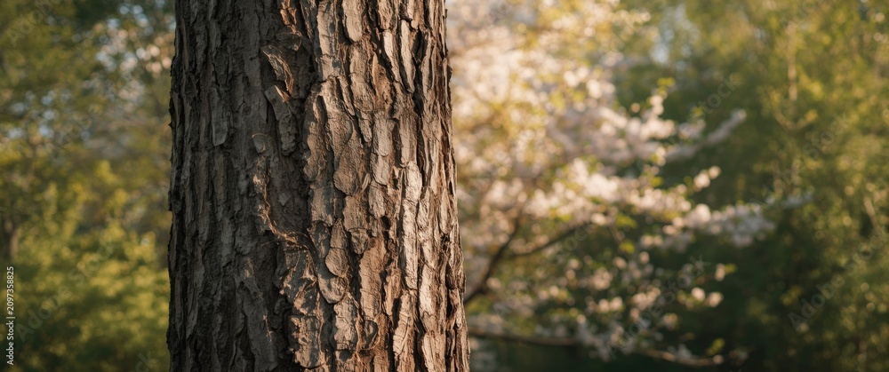 Obraz premium Tree Bark Close-Up with Soft Blurry Flowering Background in Natural Light