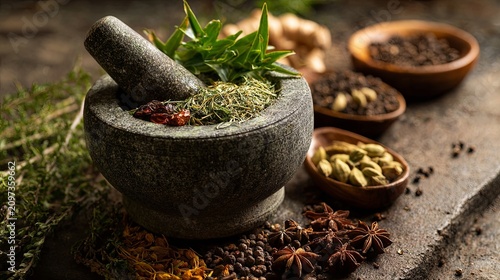 Realistic close-up of an Ayurvedic herbal preparation featuring natural ingredients and traditional medicinal elements, highlighting holistic wellness, healing practices, and botanical remedies.

