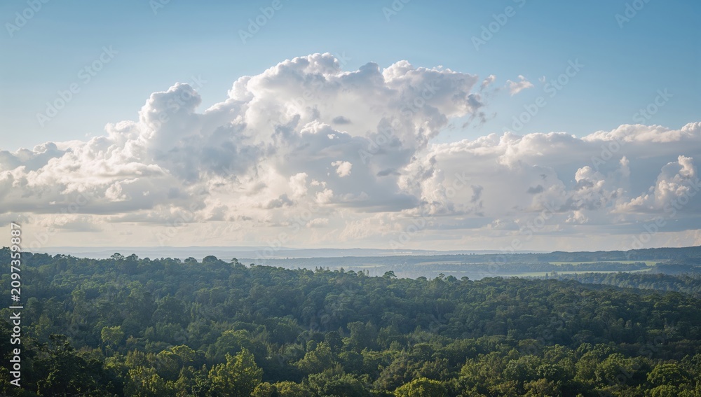 Obraz premium Lush Green Forest Landscape Under Fluffy Clouds in a Clear Sky