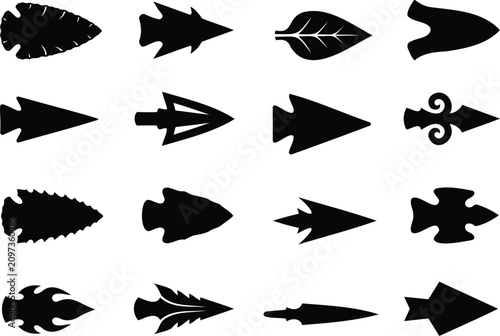 Ancient arrowhead silhouette set spear tip vector illustration isolated on white