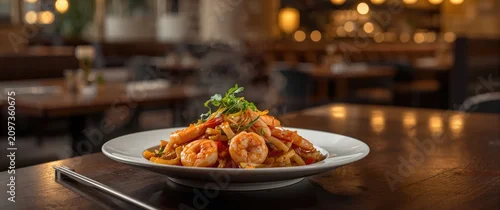 Panel kuchenny z motywem Shrimp Pasta Dish Served on a Plate in a Cozy Restaurant Setting with Warm Lighting