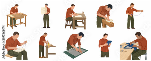 Obraz na płótnie Set of flat illustrations showing a male craftsman engaged in various stages of