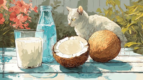 Cute cat sitting near coconut milk, adorable pet and tropical drink, cozy life scene with natural charm
