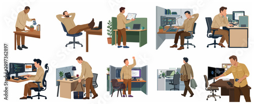 Flat vector illustration set of office worker characters in various daily routine poses and workplace activities