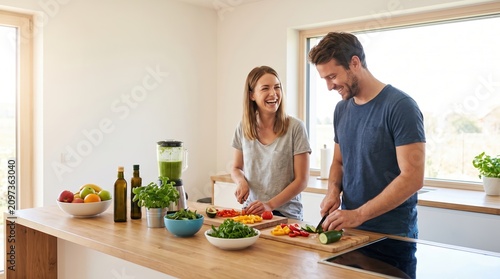 Happy young couple laughing while preparing fresh organic vegetables and a green smoothie in a bright modern kitchen