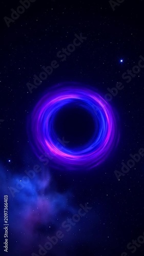 A glowing purple black hole shines brightly in deep space