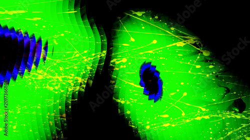 Fotografie Abstract neon green digital art with dark blue circular patterns