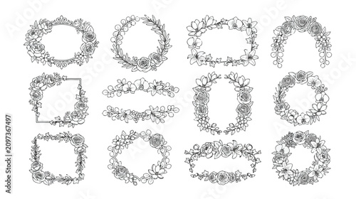 Elegant floral frame collection, 12 hand drawn botanical wreaths and borders, black line art flower vector set for wedding invitations