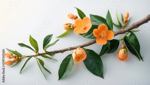 A small orange tree branch with leaves and blooms was cut and positioned on a white background, featuring orange flowers that bloom naturally.