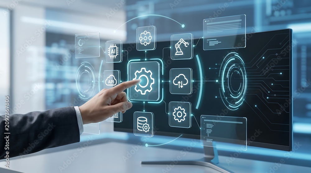 Fototapeta premium Digital transformation concept with hand interacting with ai automation and data analytics interface