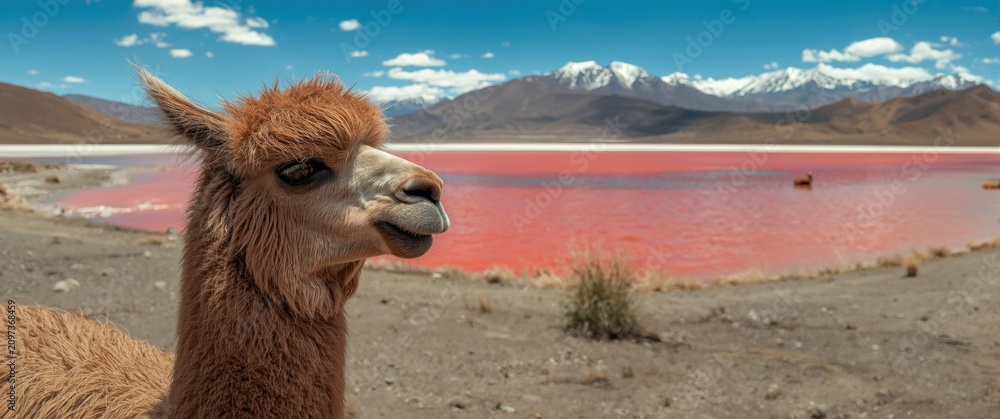 Fototapeta premium Llama Closeup Near Pink Salt Lake with Snowy Mountains in Background