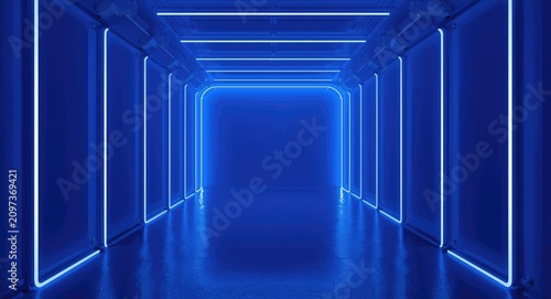 Futuristic Blue Neon Tunnel with Glossy Floor and Ambient Light