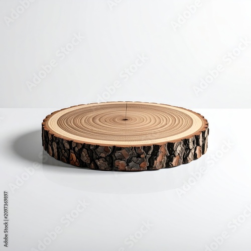 A rustic tree slice with natural bark sits on a white surface