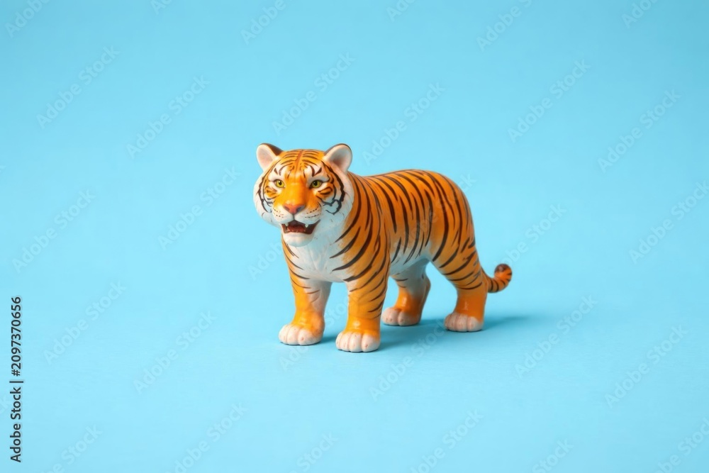 Fototapeta premium Toy Tiger Figurine - Isolated on Blue Background, Vibrant Colors