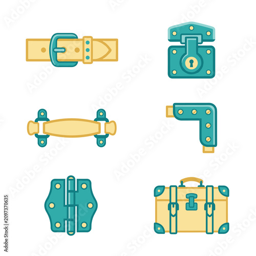 Collection of vintage hardware icons and symbols, including a belt buckle, lock, handle, corner brace, hinge, and suitcase, in a pixel art style with teal and yellow colors