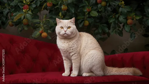 Fototapeta na wymiar Cream Cat Sitting on a Red Sofa in a Garden with Apple Tree Background