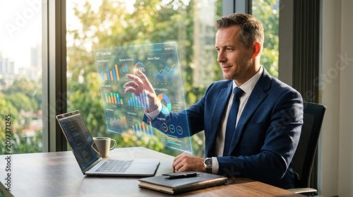 Businessman in suit interacting with virtual interface at office desk