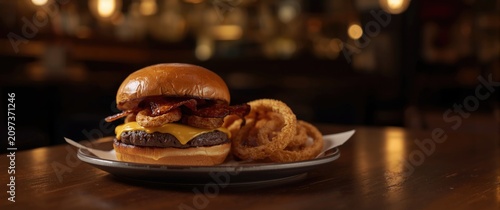 Gourmet Cheeseburger with Bacon and Onion Rings on a Rustic Table