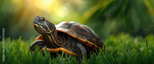 Painted Turtle Resting on Green Grass Under Soft Sunlight