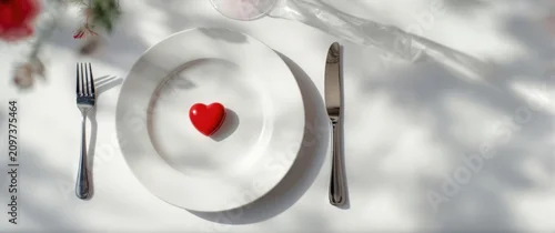 Obraz  z motywem Red Heart Shaped Macaron on White Plate with Cutlery and Soft Shadows