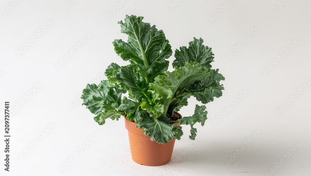 Fototapeta premium Curly Kale Plant in Terracotta Pot - Minimal Background, Fresh Green Colors