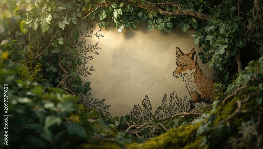 Fototapeta premium Imaginary woodland environment illustrating green thinking with hand drawn fox among flourishing green foliage