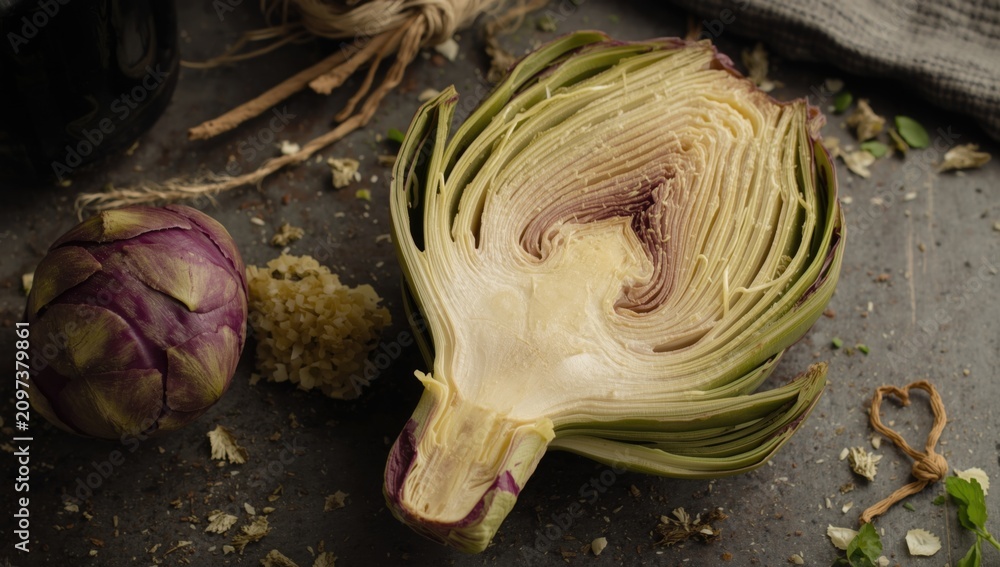 Obraz premium Artichoke Cut Open Showing Inner Layers on Dark Background