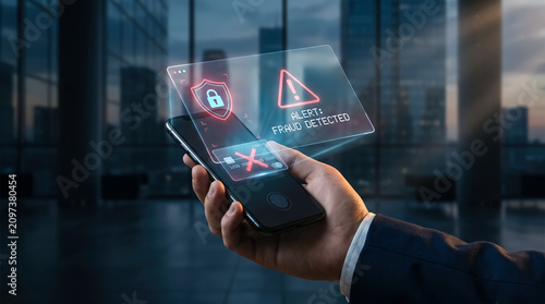 Businessman Holding Smartphone Displaying Digital Fraud Alert and Security Warning Hologram in Modern Office