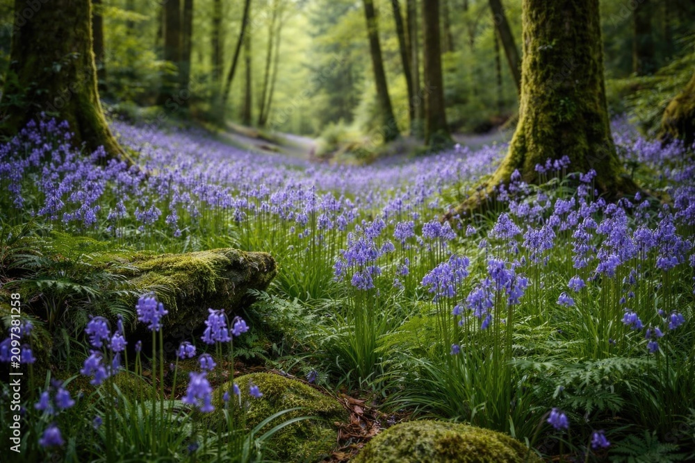 Obraz premium Purple Bluebells Blooming in a Lush Forest Pathway on a Sunny Day